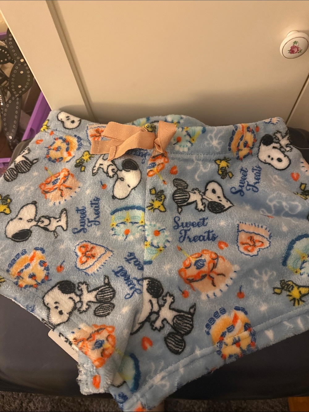 Peanuts Blue Plush Snoopy plush pj Shorts with Peach Bow
